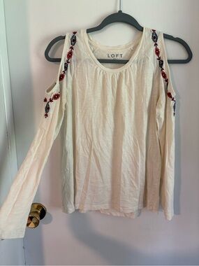 LOFT Cream Cold-Shoulder Embroidered Long Sleeve Top with Red & Navy Accents